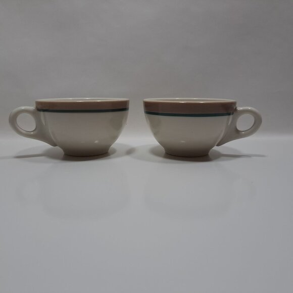 Syracuse China Tan & Green Striped Coffee Cups Set Of 2 - Picture 2 of 6